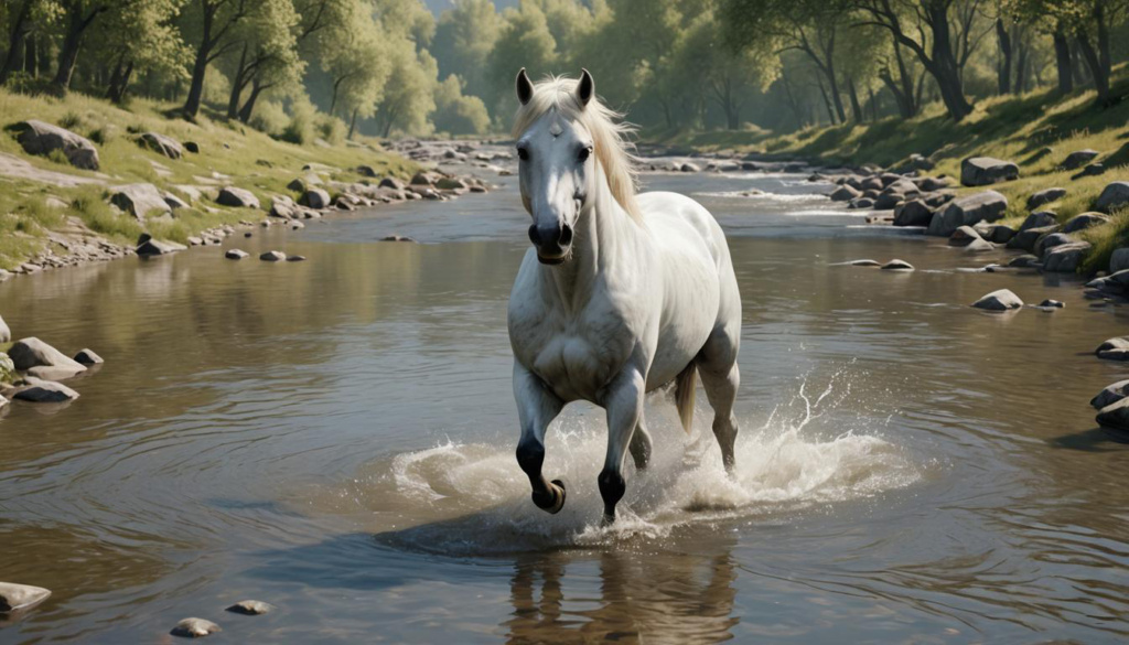 Cavallo bianco che corre nel fiume